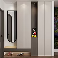 Modern Entryway Shoe Cabinet Design With Oval Mirror And Mickey Mouse Figurine