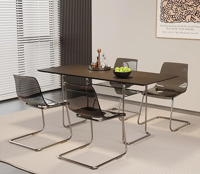 Modern Dining Table Set with Transparent Chairs Metal Legs Green Fruit Bowl and Abstract Painting 3d model