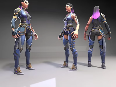 Game Movie Female Character Three Angles View With Blue And Gold Armor Purple Hair Poses 3d model