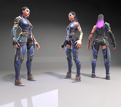 Game Movie Female Character Three Angles View With Blue And Gold Armor Purple Hair Poses 3d model
