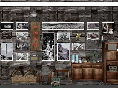 Nostalgic Chinese Style Window Display with Vintage Items and Photo Wall 3d model