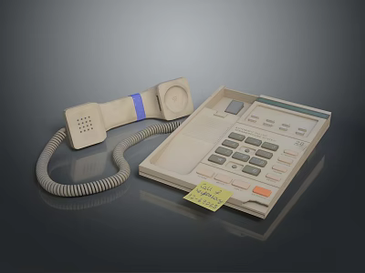 Vintage Computer Device With Beige Body Curly Cable Button Panel And Yellow Sticky Note 3d model