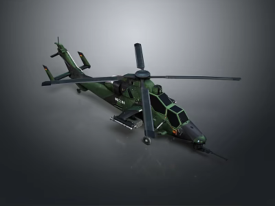 Military Helicopter 3D Model With Green Exterior Main Rotor And Tail Rotor Design 3d model