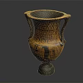 Ancient Decorative Vase With Double Handles And Intricate Geometric Figure Motifs In Orange Black Design