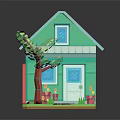 Scenic View of Green Small House with White Roof Red Fence and Large Tree
