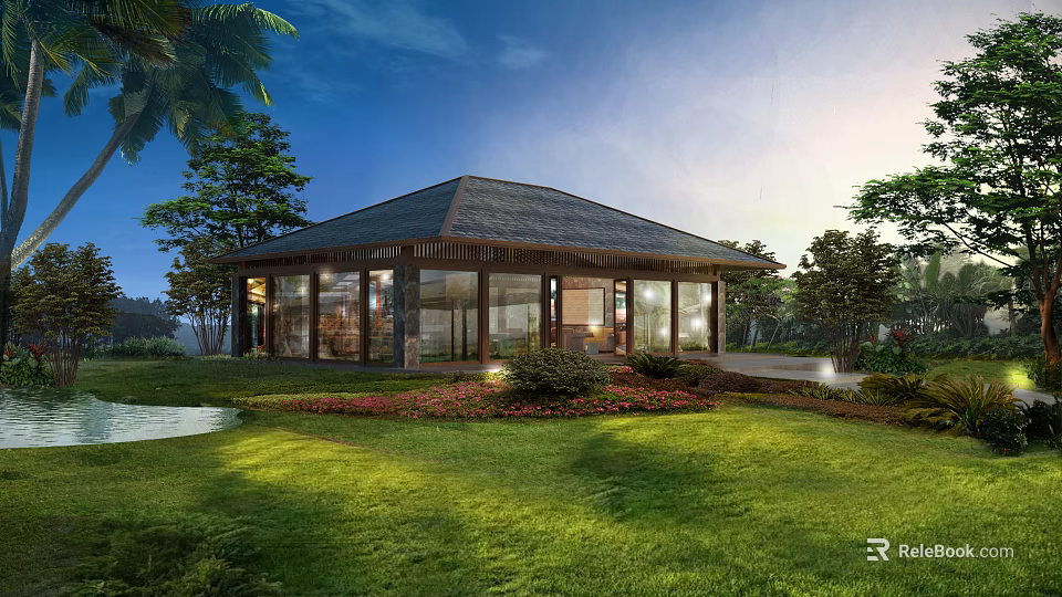 Modern Homestay Building With Sloped Roof Large Glass Windows And Scenic Natural Surroundings 3d model 