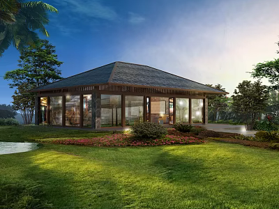 Modern Homestay Building With Sloped Roof Large Glass Windows And Scenic Natural Surroundings 3d model