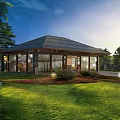 Modern Homestay Building With Sloped Roof Large Glass Windows And Scenic Natural Surroundings