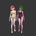 Two Women With Short Hair Wearing Bikini And One Piece Swimsuit In Gray Background