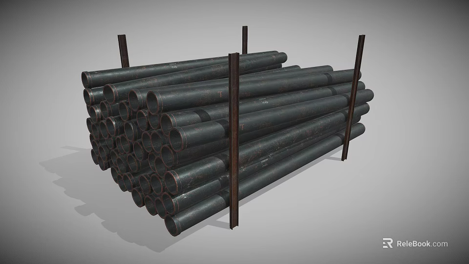 Neatly Stacked Black Steel Pipes On Metal Racks For Industrial Storage 3d model 