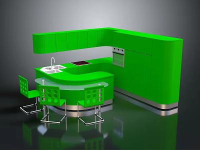 Vibrant Green Kitchen Interior Design With Bar Counter Cabinets And Chairs 3d model