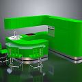 Vibrant Green Kitchen Interior Design With Bar Counter Cabinets And Chairs
