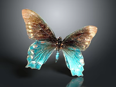 Butterfly with Brown and Teal Iridescent Spread Wings on Dark Background 3d model