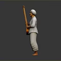 Man In Traditional Turban And Attire Holding Sitar Standing On Gray Background
