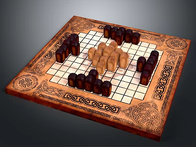Classic Wooden Chessboard With Ornate Patterns And Arranged Dark Light Pieces 3d model