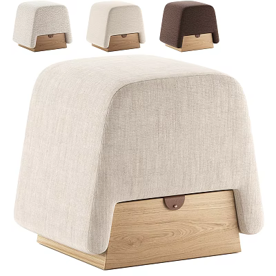 Beige Fabric Upholstered Storage Stool With Wooden Base And Lift Top 3d model