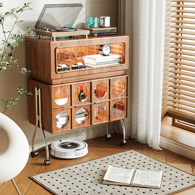 Wooden Storage Cabinet with Glass Doors Compartments for Wine Glasses Books Bottles and Metal Legs 3d model 
