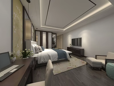 Modern Hotel Guest Room Interior With Bed TV Desk Chair And Carpet 3d model