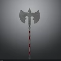 Medieval Battle Axe With Metal Blade Central Spike And Red White Decorative Striped Handle