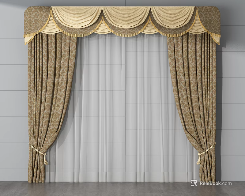 Patterned Gold Brown Curtains With Sheer Inner Layer Decorative Valance And Tiebacks 3d model