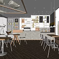 Modern Café Interior With Wooden Flooring White Chairs Bar Counter Display Shelves And Pendant Lights