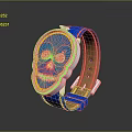 Fashionable Blue Skull Pattern Leather Strap With Metal Buckle Pink Jeweled Eyes And Yellow Accents