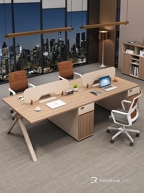 Modern Office Interior With Wooden Desks Laptop Chairs Potted Plant And City Night View 3d model 