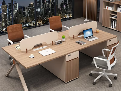 Modern Office Interior With Wooden Desks Laptop Chairs Potted Plant And City Night View 3d model