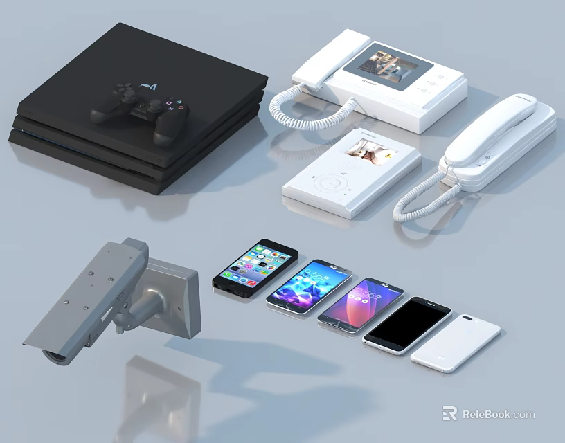 Various Mobile Digital Devices Including Smartphones Gaming Console Phones And Security Camera 3d model 