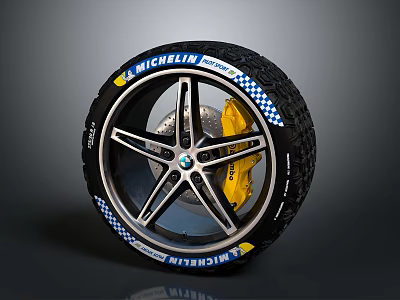 BMW Car Wheel With Michelin Tire Yellow Brake Caliper Checker Pattern 3d model