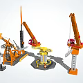 Industrial Equipment Featuring Orange Drilling Rig Yellow Rotating Crane And Red Cabin Tower Crane