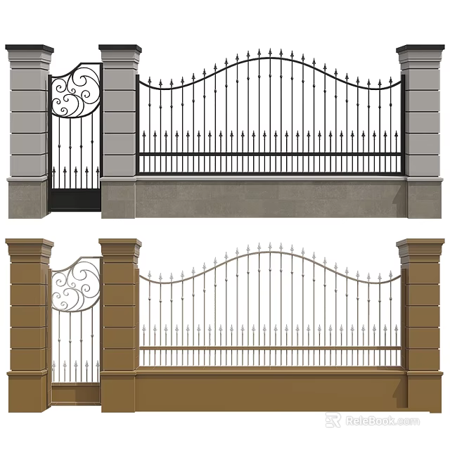 Decorative Wrought Iron Fence Design With Stone Pillars In Black Brown Colors 3d model 
