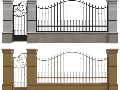 Decorative Wrought Iron Fence Design With Stone Pillars In Black Brown Colors 3d model