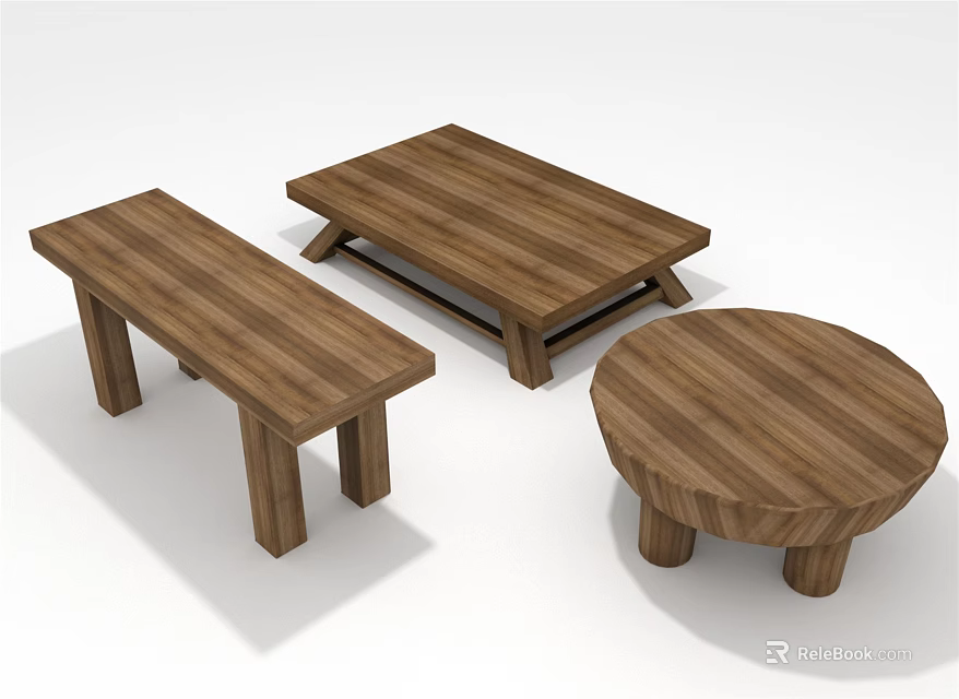 Wooden Stools In Different Shapes Including Rectangular And Round With Natural Wood Grain 3d model