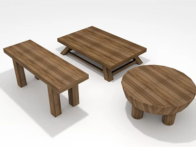 Wooden Stools In Different Shapes Including Rectangular And Round With Natural Wood Grain 3d model