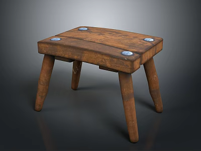 Vintage Wooden Stool With Rustic Design And Metal Accents On Seat 3d model