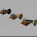 Vintage Phonographs With Wooden Bases Brass Horns And Retro Design