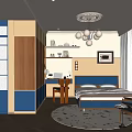 Modern Bedroom Interior With Blue Headboard Bed Wooden Cabinets Chandelier And Round Rug