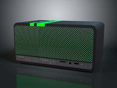 Black Bluetooth Speaker With Green Mesh Front Panel Top Indicator Lights And Bottom Ports 3d model