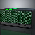 Black Bluetooth Speaker With Green Mesh Front Panel Top Indicator Lights And Bottom Ports 3d model