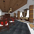 Traditional Tea House Interior Design With Wooden Structures Brick Walls And Hanging Lanterns