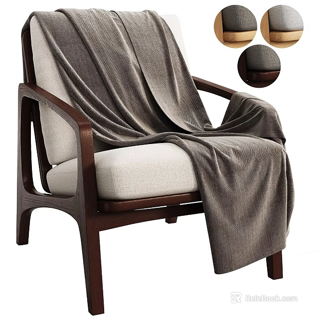 Modern Accent Chair With Wooden Armrests Light Cushion And Gray Blanket 3d model 