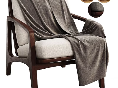 Modern Accent Chair With Wooden Armrests Light Cushion And Gray Blanket 3d model