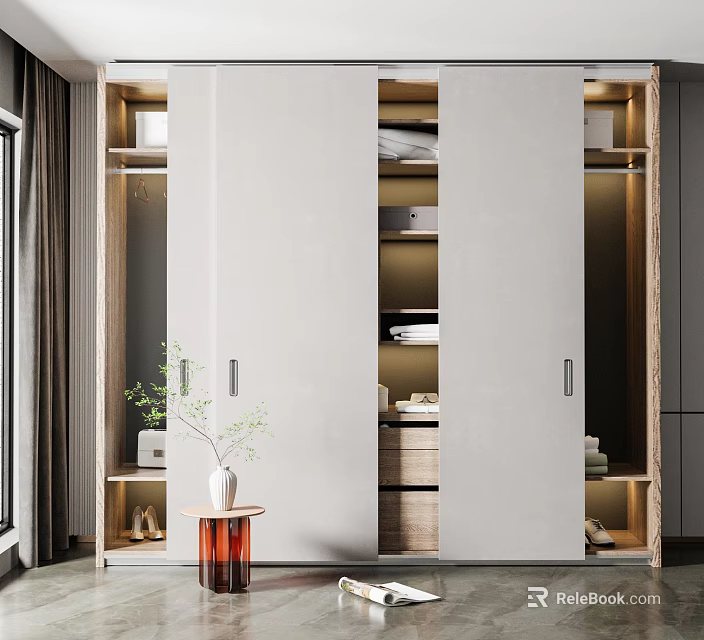 Modern Wardrobe With Sliding Doors Built In Lighting Storage Shelves And Decorative Plant 3d model 