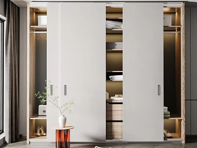 Modern Wardrobe With Sliding Doors Built In Lighting Storage Shelves And Decorative Plant 3d model
