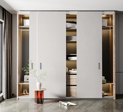 Modern Wardrobe With Sliding Doors Built In Lighting Storage Shelves And Decorative Plant 3d model