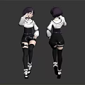 Anime Female Characters With Purple Short Hair White Tops Black Shorts Front Back Poses