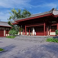 Ancient Traditional Architecture Courtyard With Red Pillars Stone Pavement And Green Plants
