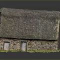 Cartoon Scene Of Traditional Stone Cottage With Thatched Roof Green Grass And Reflection