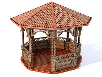 Wooden Gazebo With Hexagonal Structure Red Tiled Roof Carved Railings And Wooden Flooring 3d model